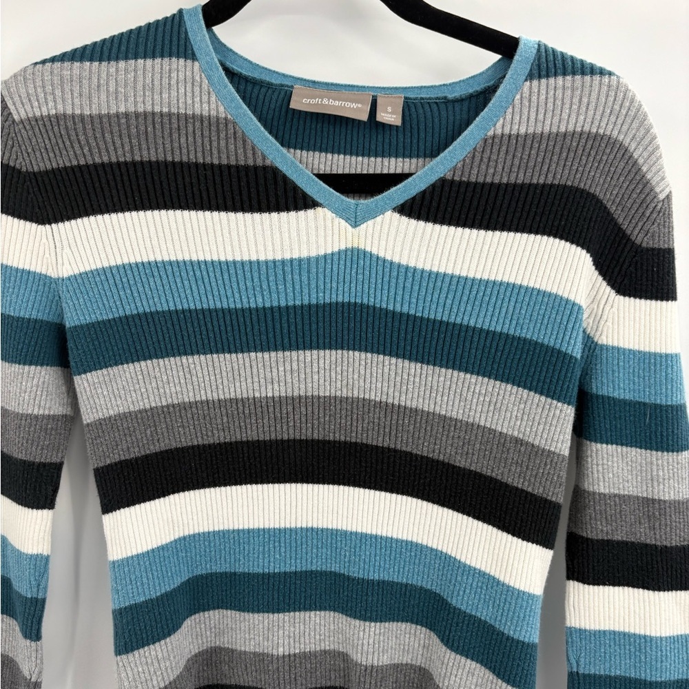 Croft and borrow blue 90s retro 2000s stripe v neck long sleeve sweater small - Picture 3 of 13
